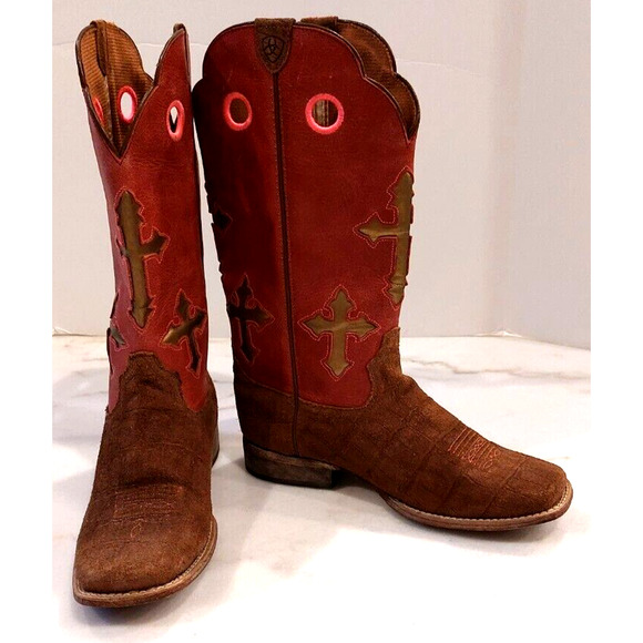 Girl Ariat 10014121 TALL BUCKAROO BRN SUEDE CROSS SQUARE TOE COWBOY‎ Boots 4.5 Y - Picture 1 of 8